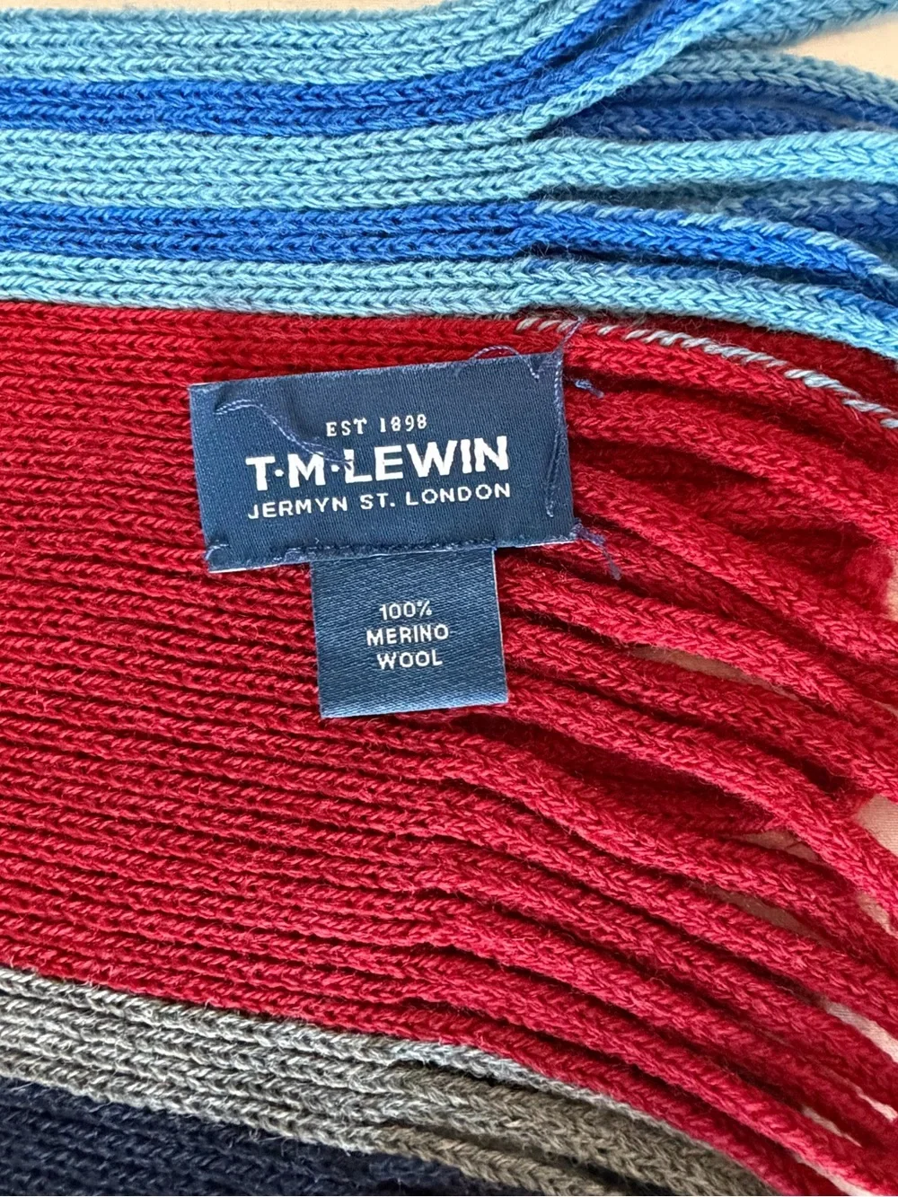 T M Lewin 100% Merino Wool Scarf Fringe Striped Unisex Preppy Academia Warm
